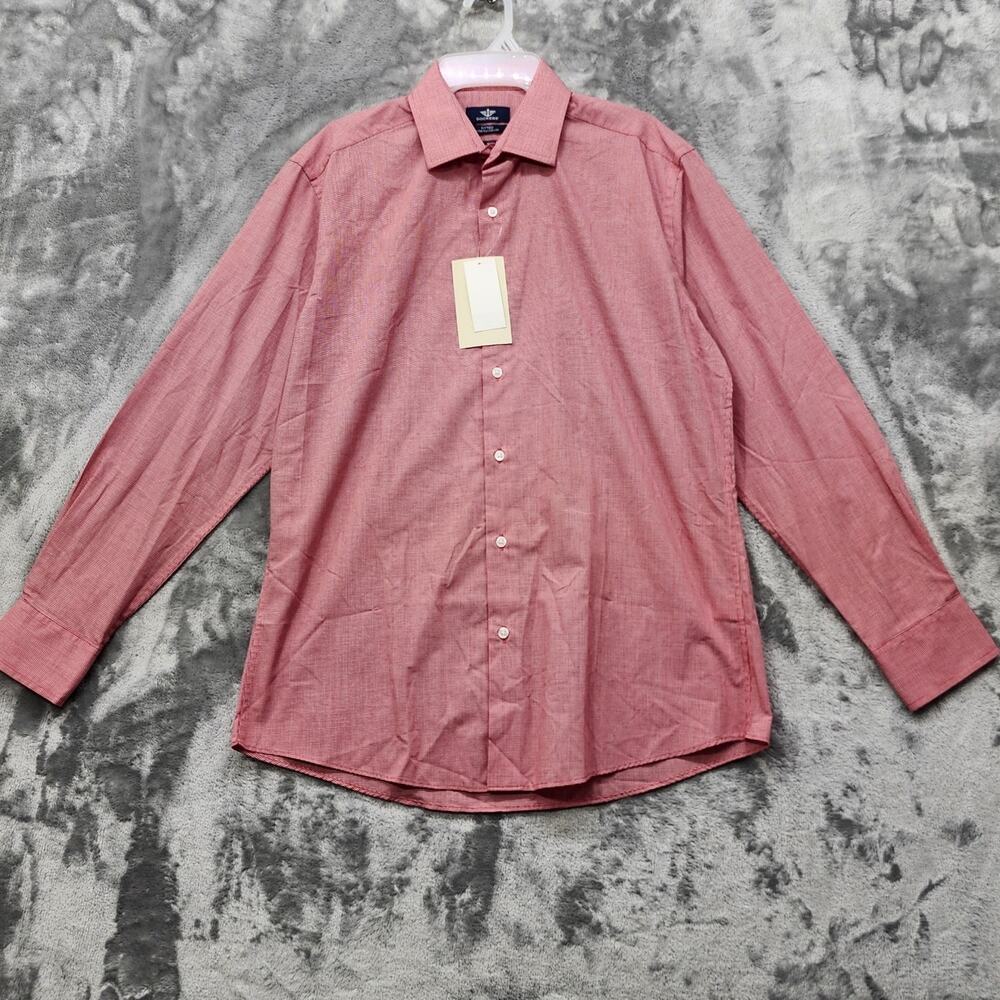 NEW Dockers Shirt Mens M 15/15-1/2 32/33 Red Houndstooth Fitted Stretch Collar